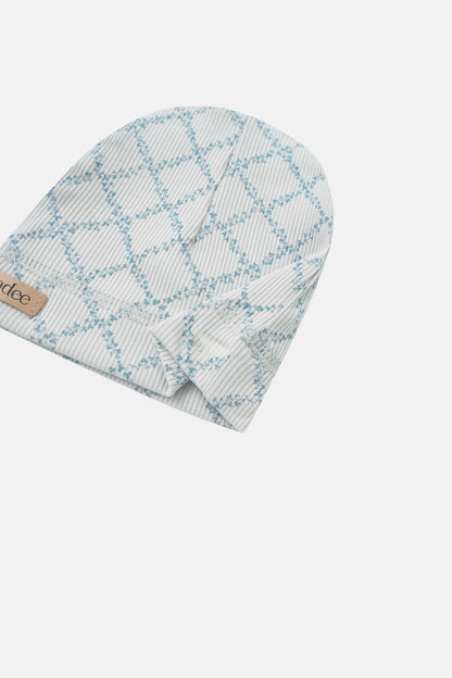 Blue Leaf Hat for boys by Adee; light grey fabric with blue leaf lattice pattern and visible brand tag.