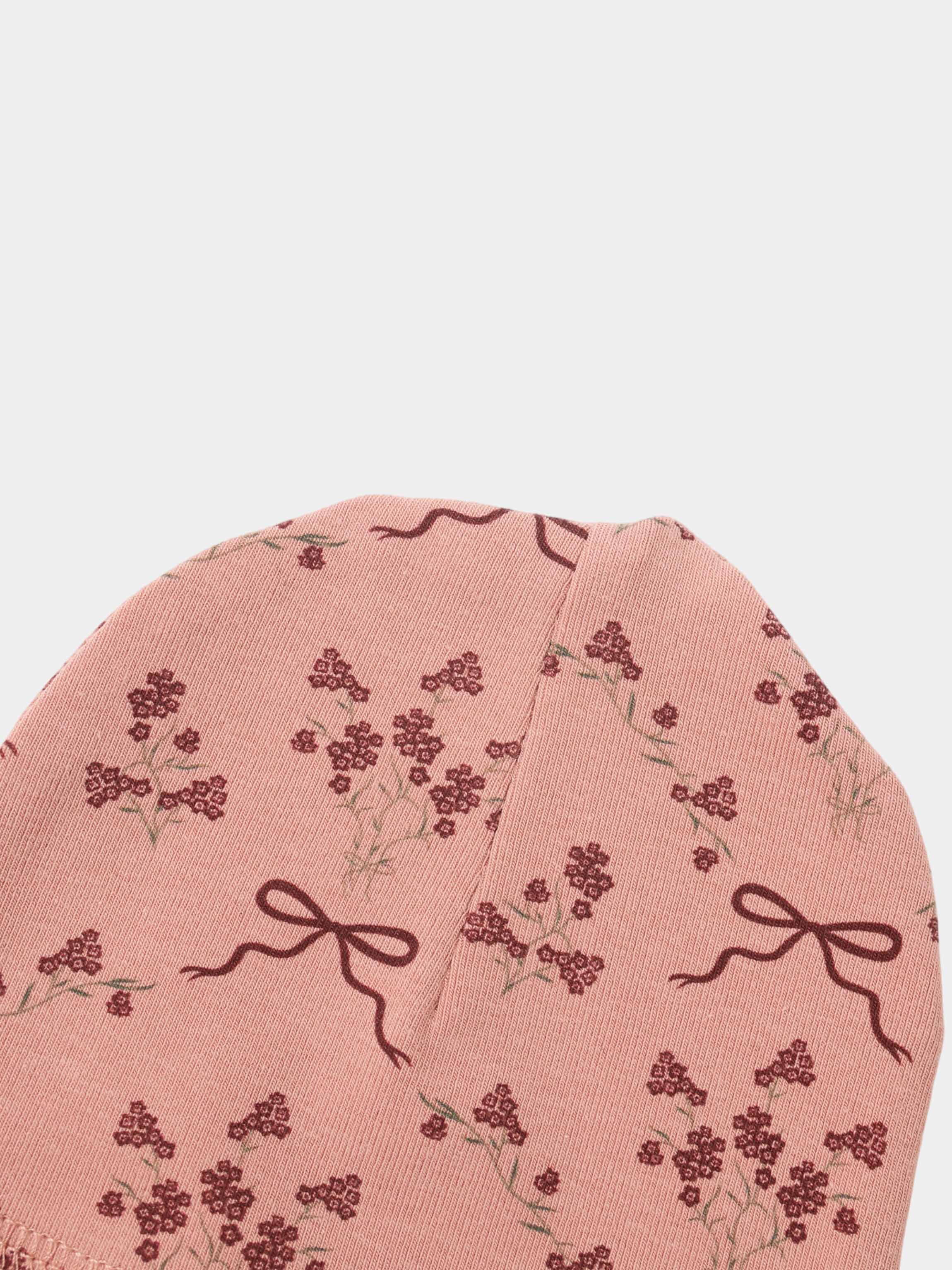 Bow Bouquet Hat for girls, pink knit fabric with burgundy floral bow pattern
