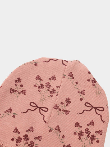 Bow Bouquet Hat for girls, pink knit fabric with burgundy floral bow pattern