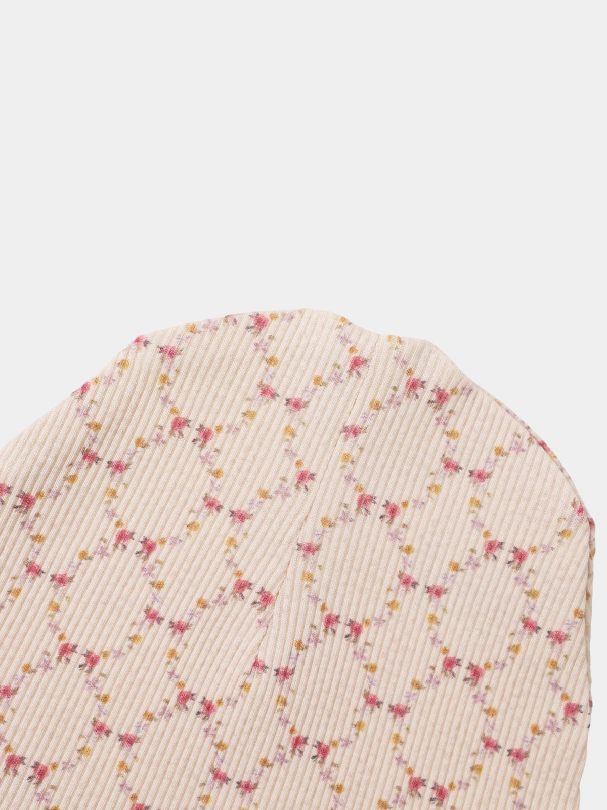 Floral Garland Hat for girls by Adee, cream knit fabric with tiny pink and yellow floral pattern