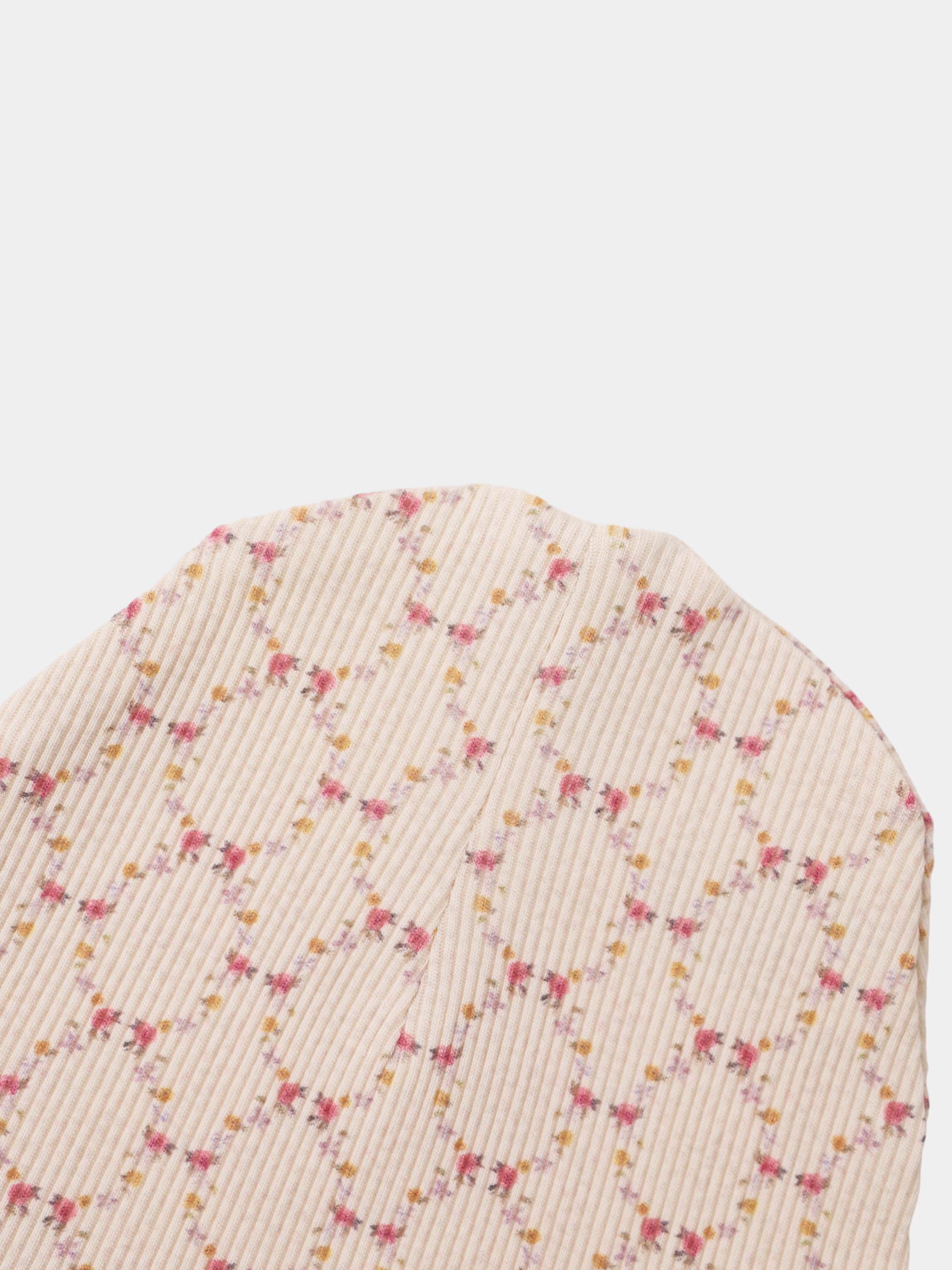Floral Garland Hat for girls by Adee, cream knit fabric with tiny pink and yellow floral pattern