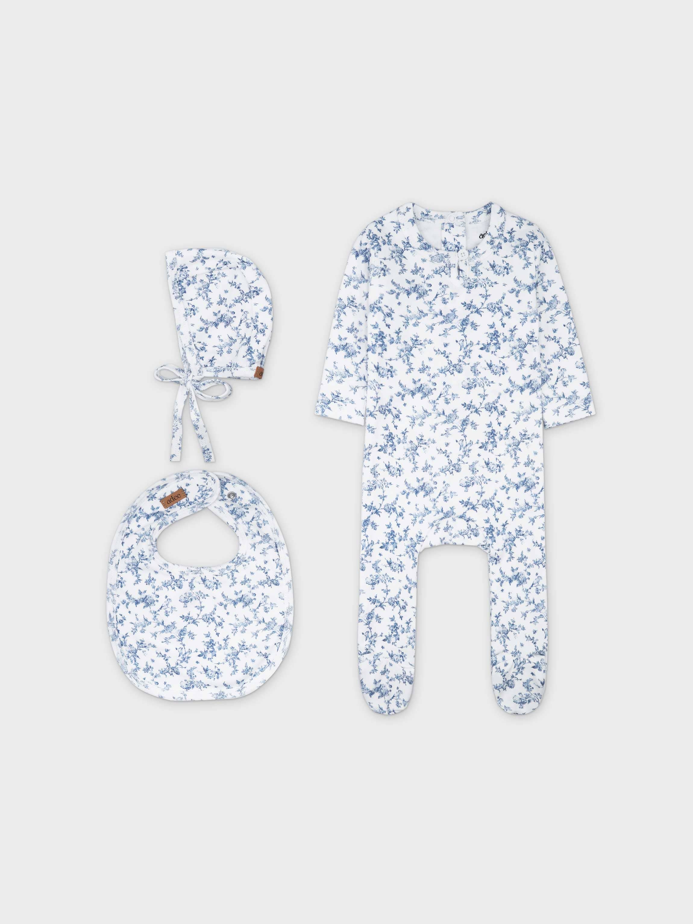 Bushy Flower Stretchy, Bonnet &amp; Bib-Blue