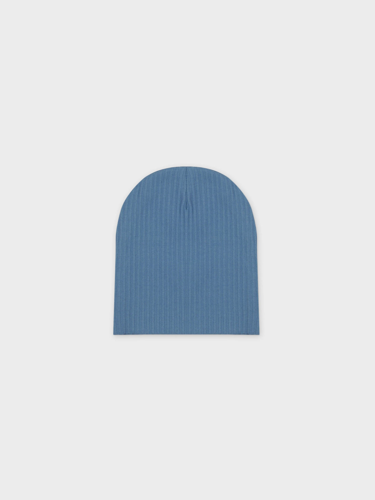 Blue thin-ribbed beanie for baby boys; soft, lightweight knit for cooler weather.