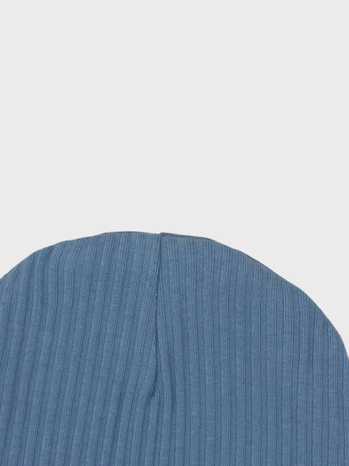Blue thin-ribbed knit beanie for babies and toddlers, soft lightweight warmth.
