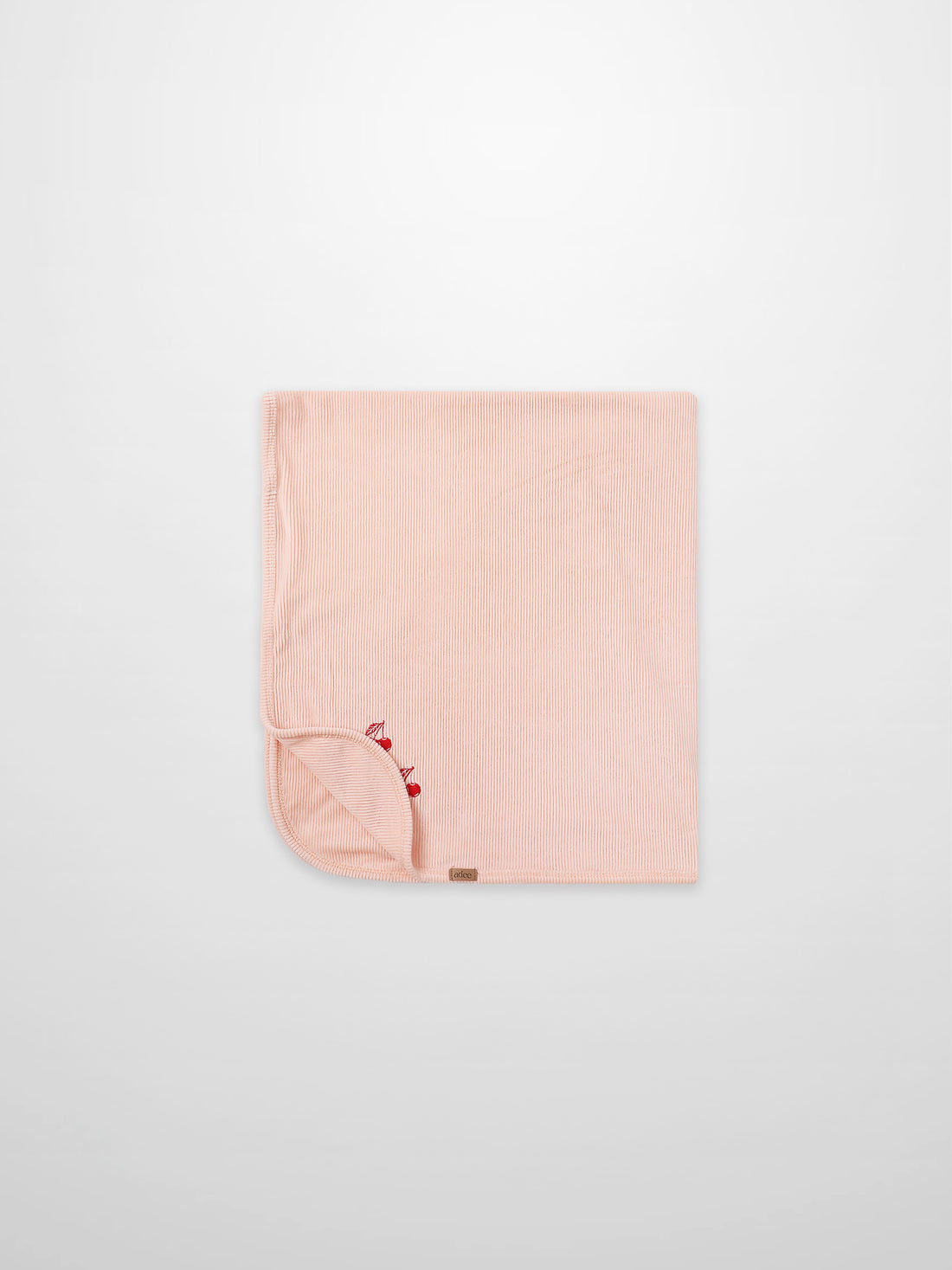 Embroidered Cherry Blanket, pink ribbed swaddle for girls by Adee with corner cherry embroidery