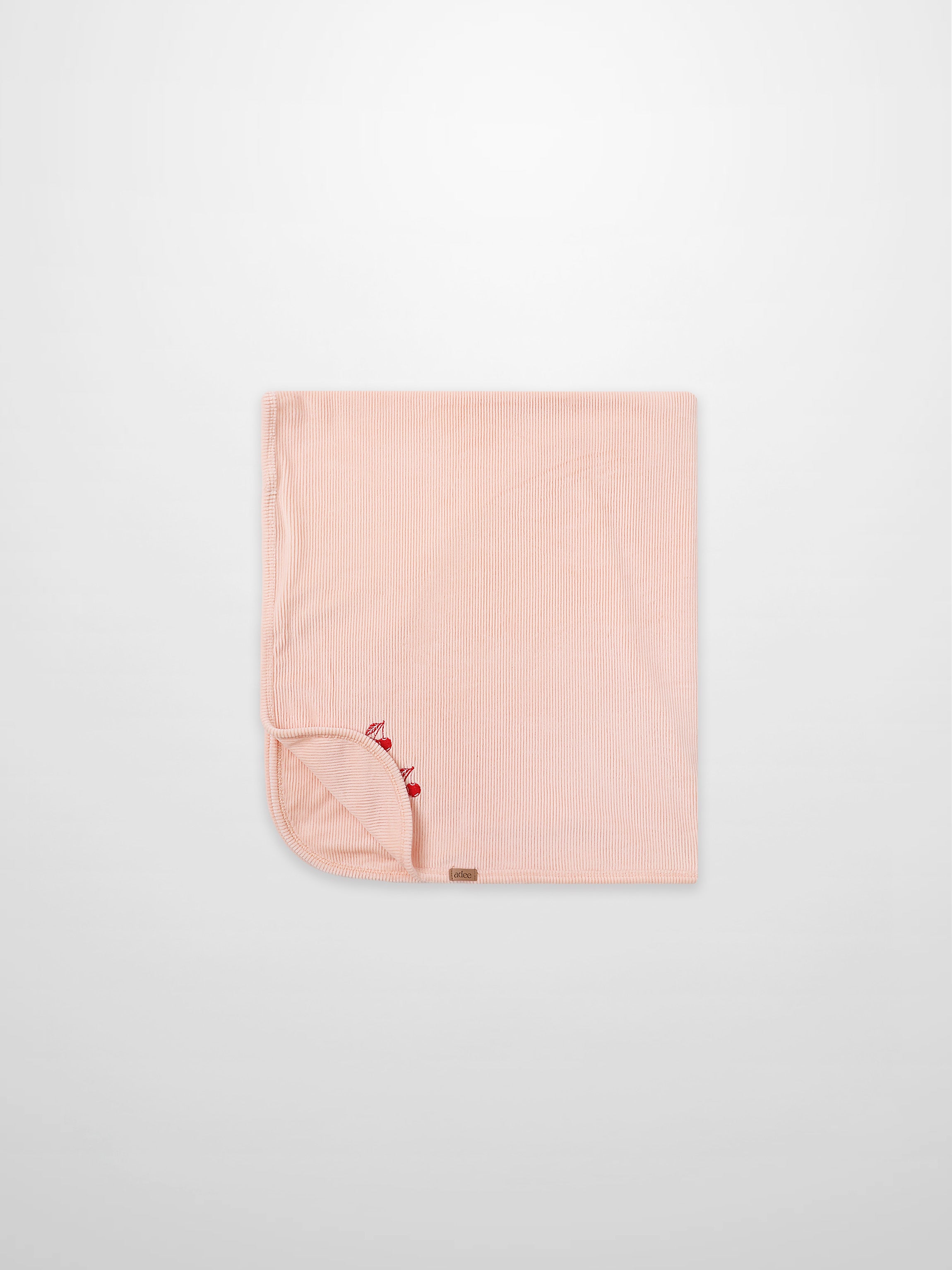 Embroidered Cherry Blanket, pink ribbed swaddle for girls by Adee with corner cherry embroidery