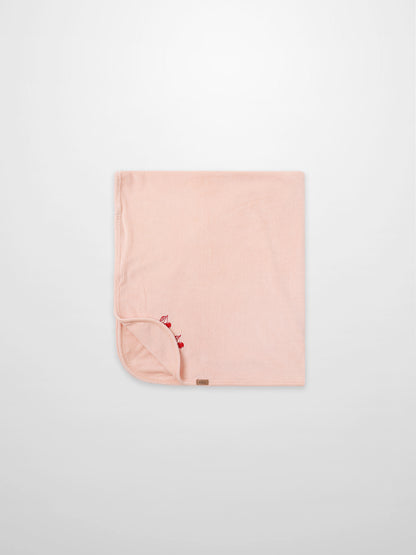 Embroidered Cherry Blanket, pink ribbed swaddle for girls by Adee with corner cherry embroidery