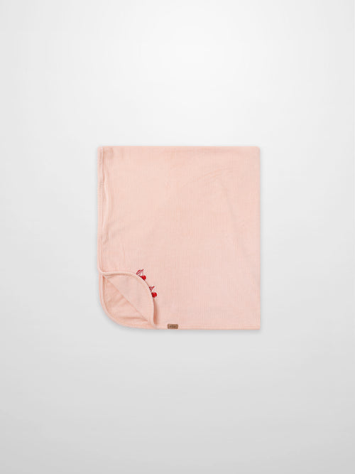 Embroidered Cherry Blanket, pink ribbed swaddle for girls by Adee with corner cherry embroidery