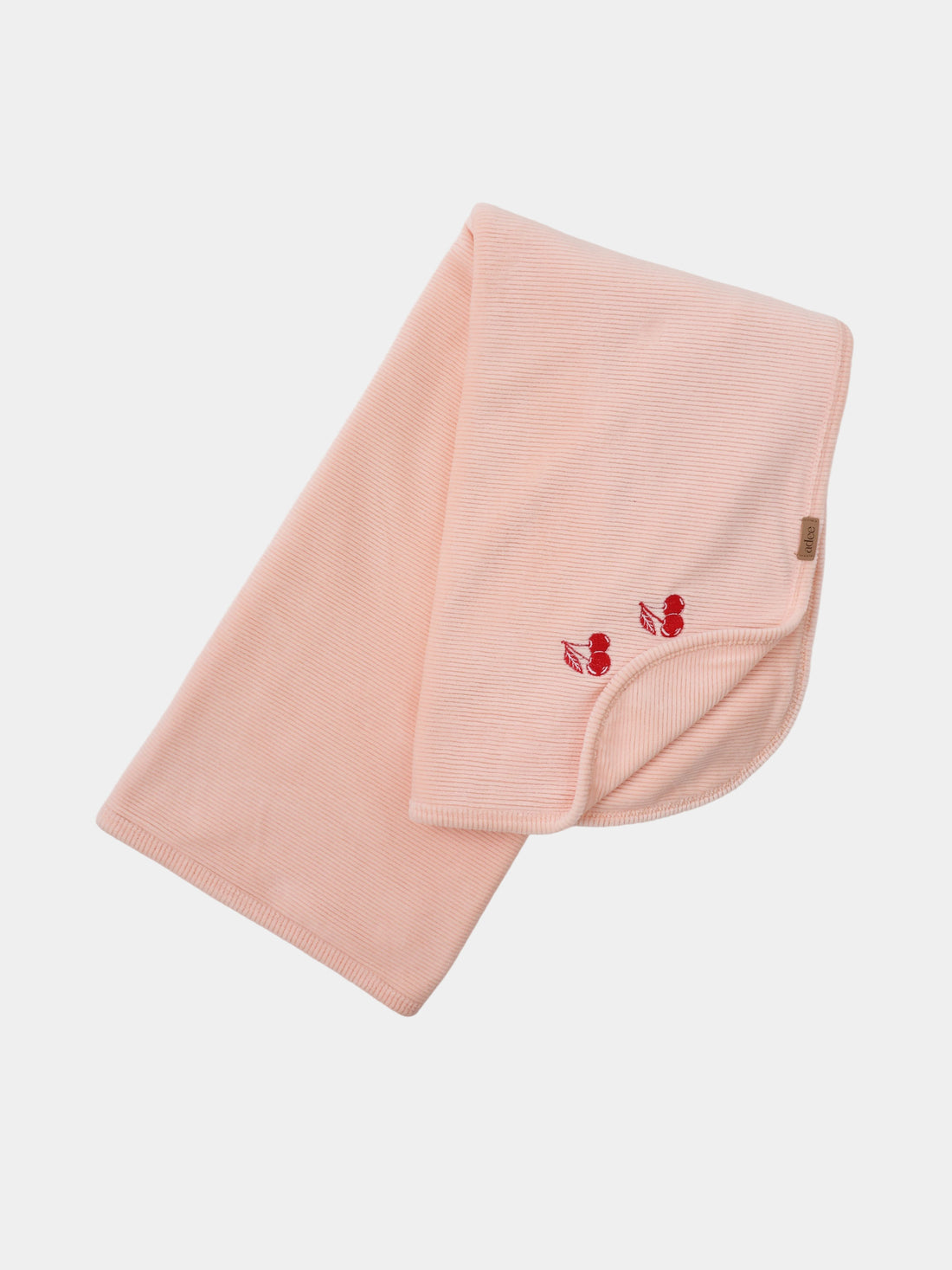 Embroidered Cherry Blanket for girls by Adee; pink ribbed swaddle blanket with cherry embroidery.