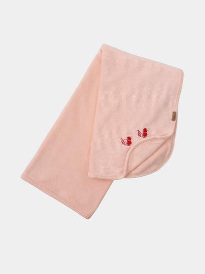 Embroidered Cherry Blanket for girls by Adee; pink ribbed swaddle blanket with cherry embroidery.