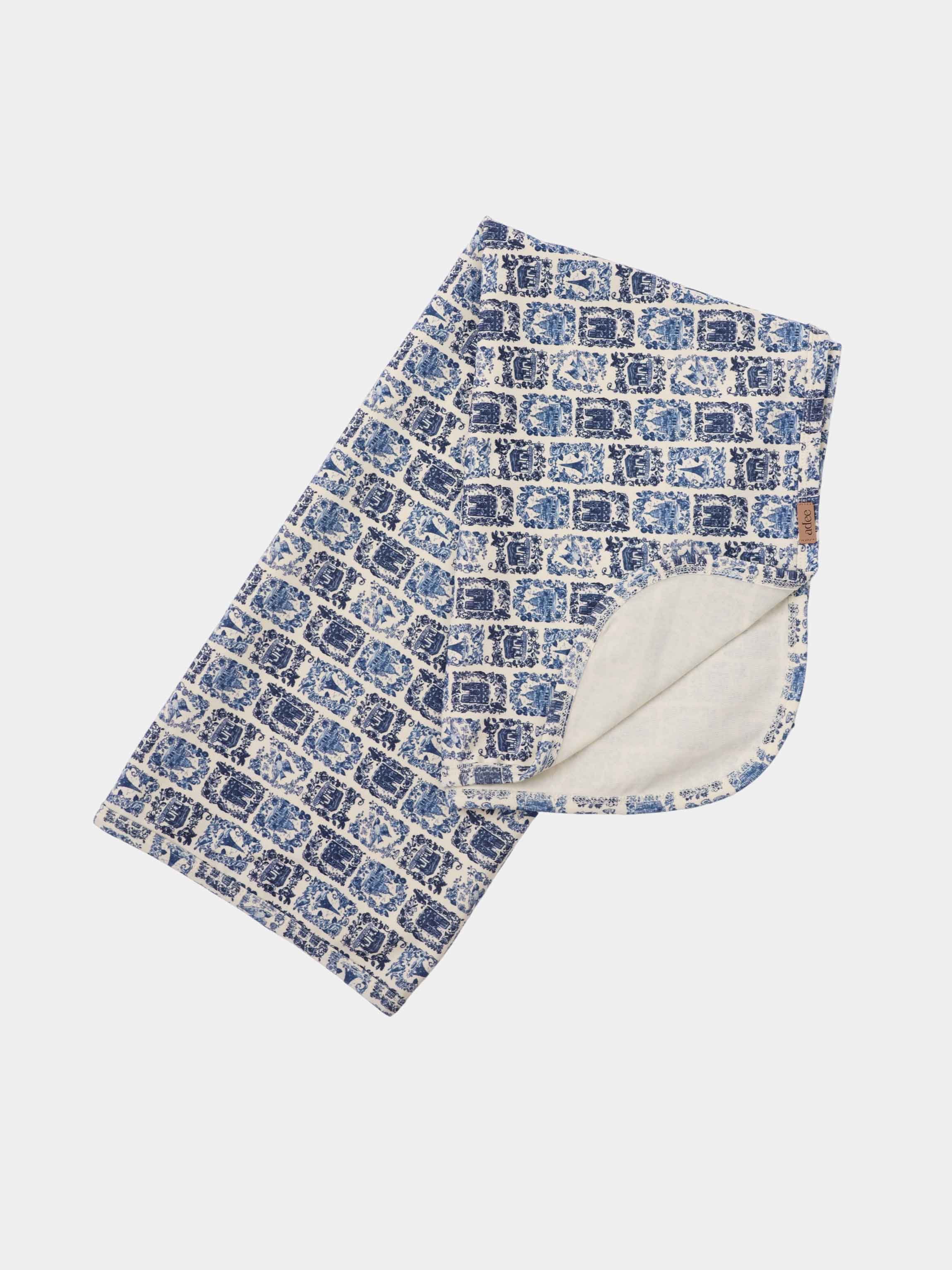 Adee Blue Landmark Blanket for boys swaddle blankets; blue tile print on white fabric