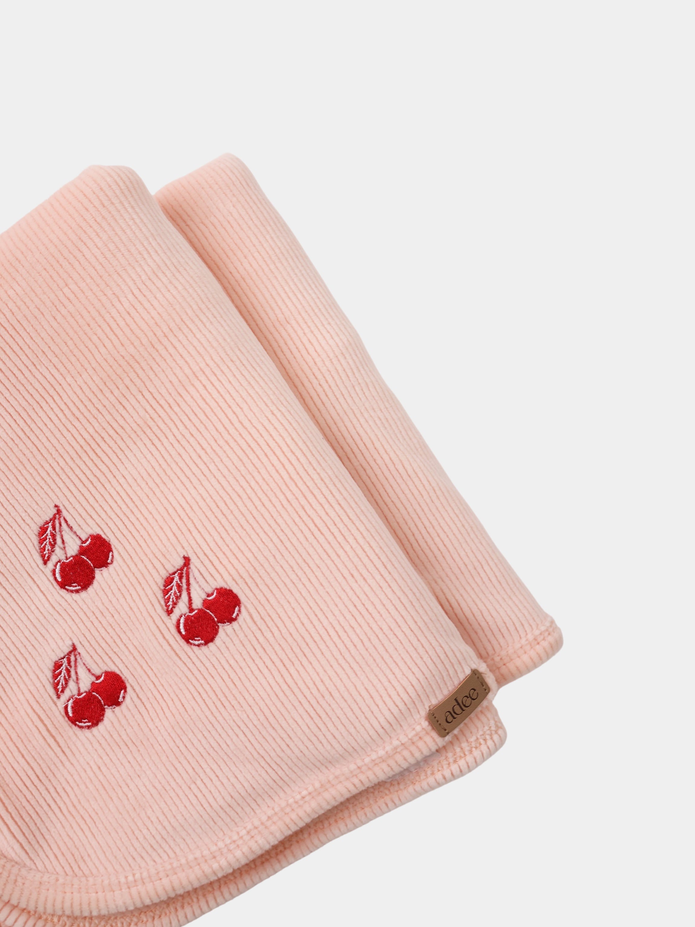 Embroidered Cherry Blanket, pink ribbed fabric with red cherry embroidery; Adee girls swaddle blanket.