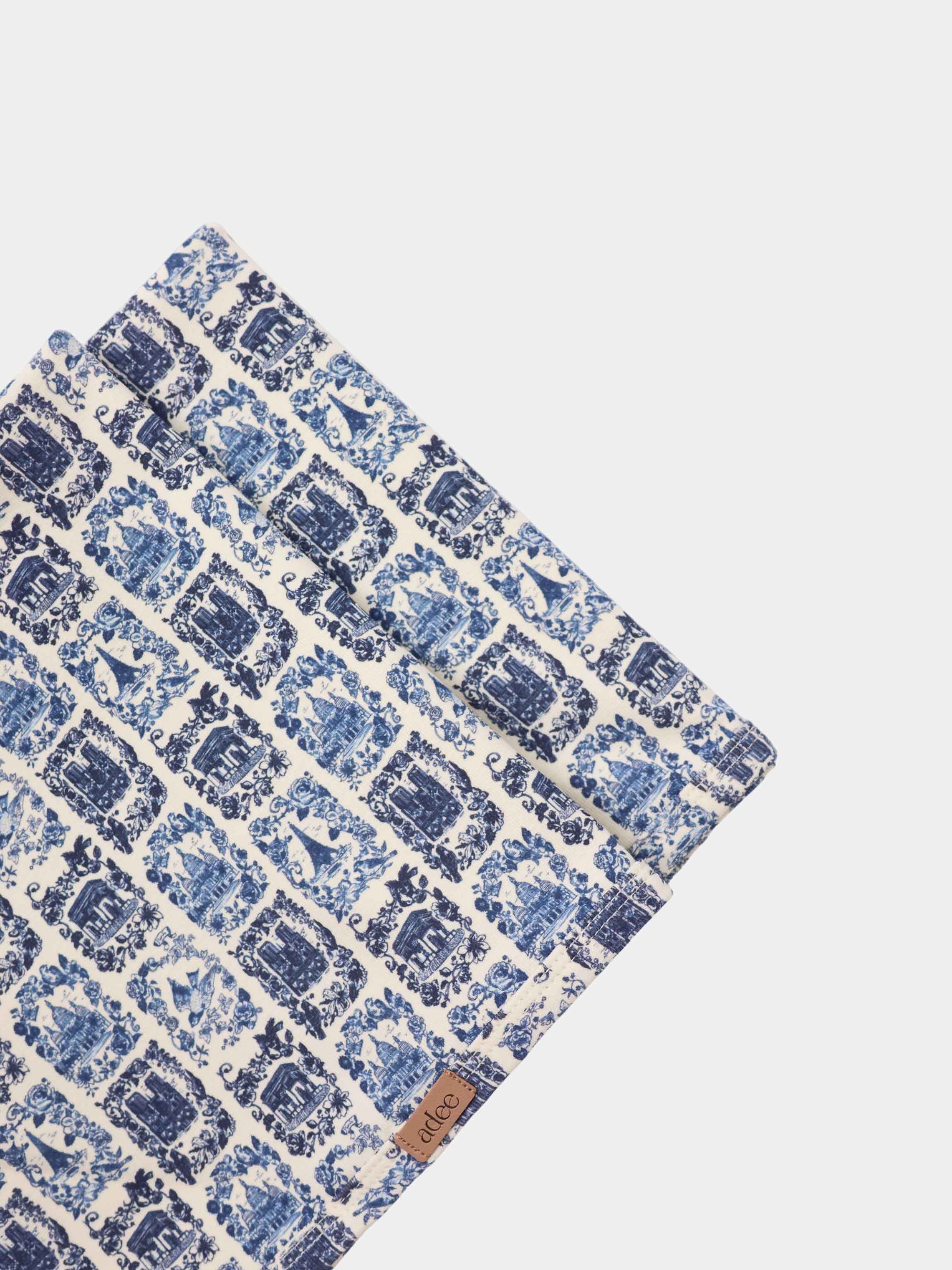 Blue Landmark Blanket by Adee; 2-piece boys swaddle set with blue toile print on white.