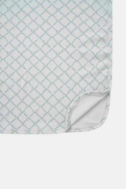 Blue Leaf Blanket by Adee; boys swaddle blanket in pale blue with teal lattice leaf pattern