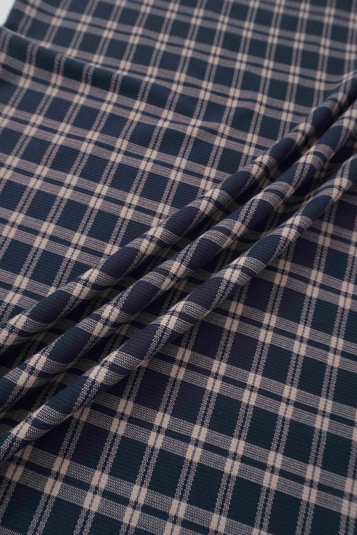 Adee navy plaid fabric for Boys Layette Set; navy and white check pattern