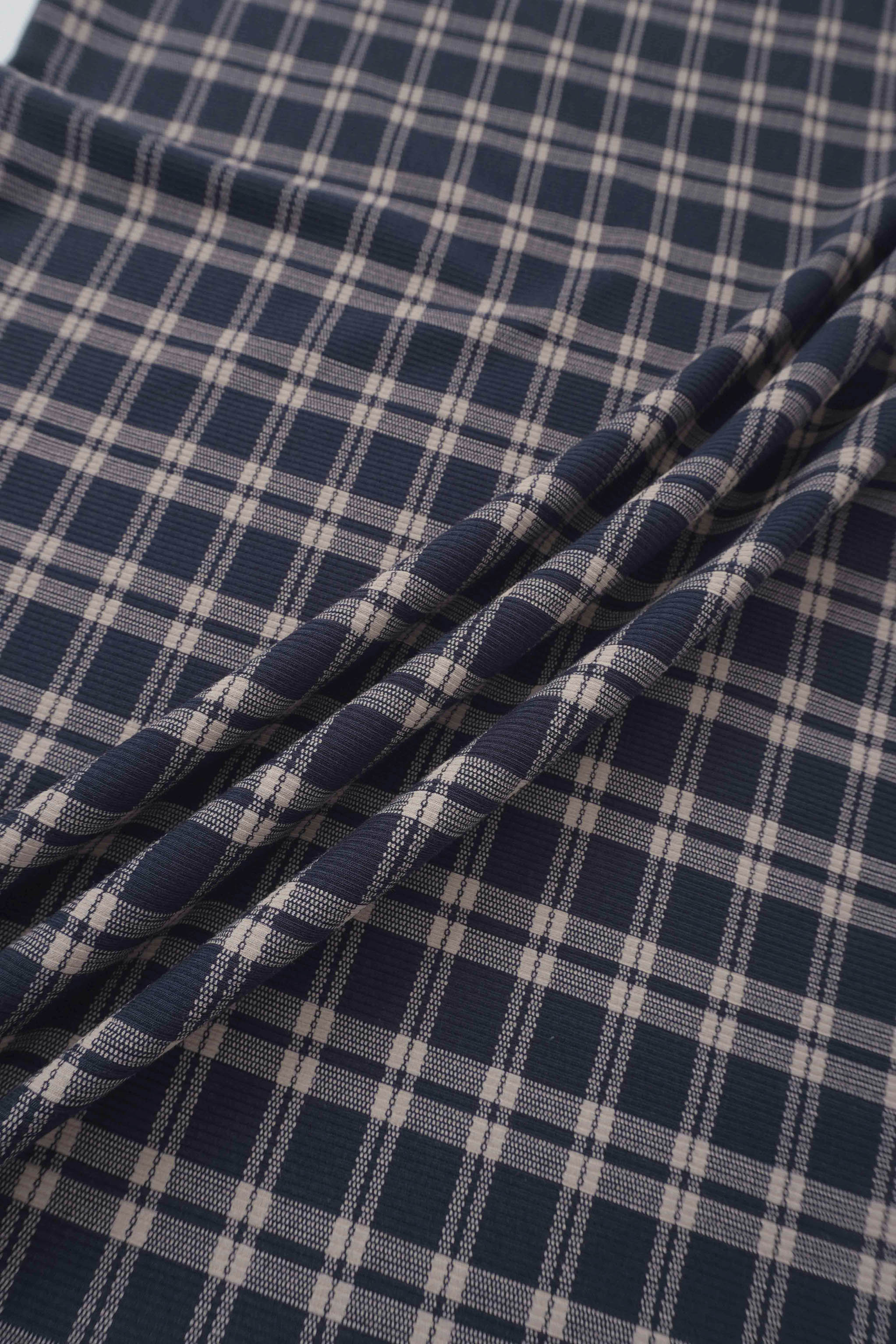 Adee navy plaid fabric for Boys Layette Set; navy and white check pattern