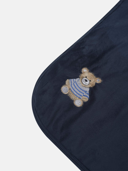 Embroidered Bear Blanket navy for boys swaddle by Adee, plush fabric