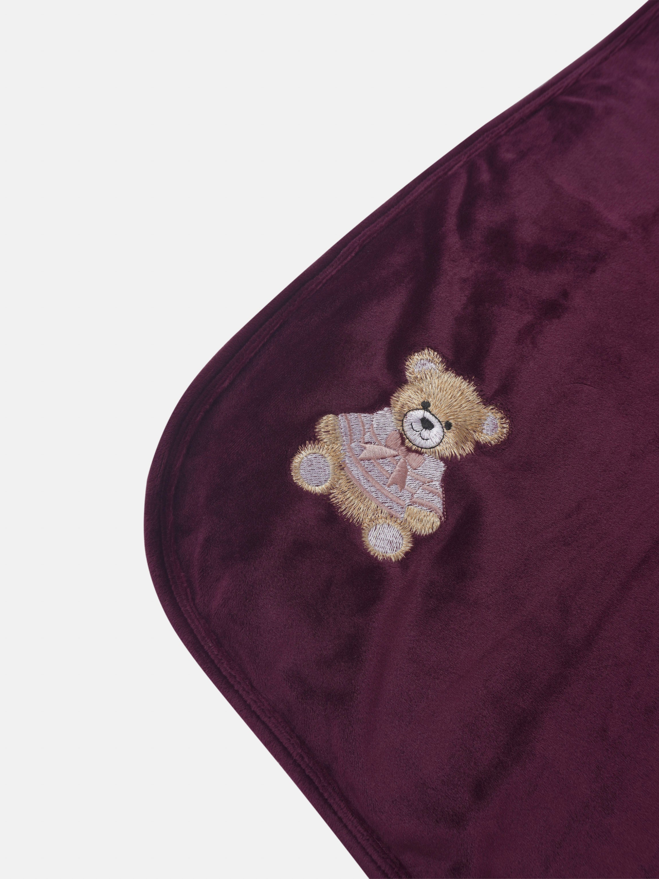 Embroidered Bear Blanket by Adee - burgundy plush swaddle for girls.