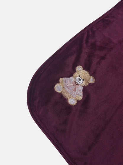 Embroidered Bear Blanket by Adee - burgundy plush swaddle for girls.