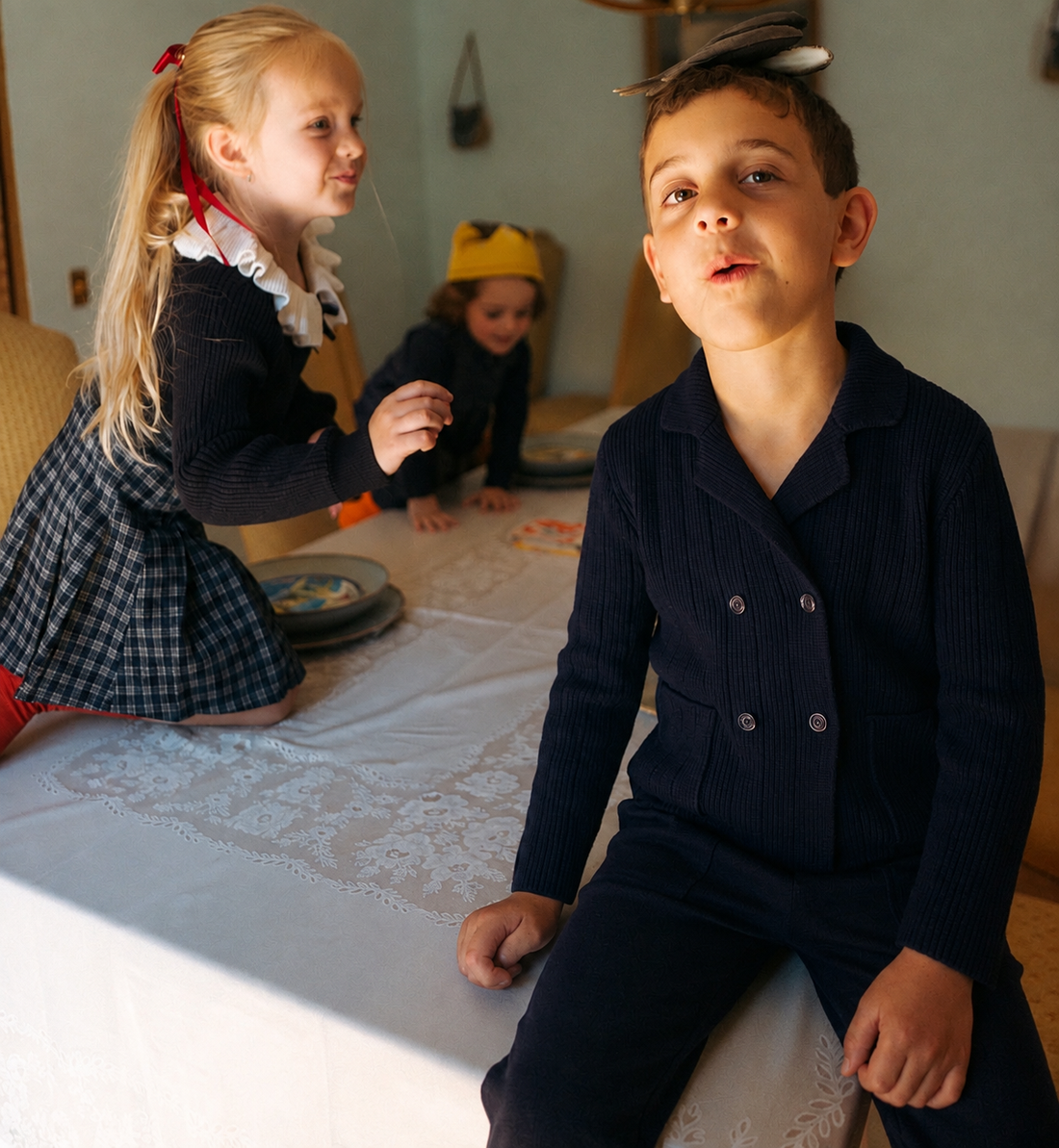 Knit blazer navy for boys; dressy top in dark blue knit with buttons