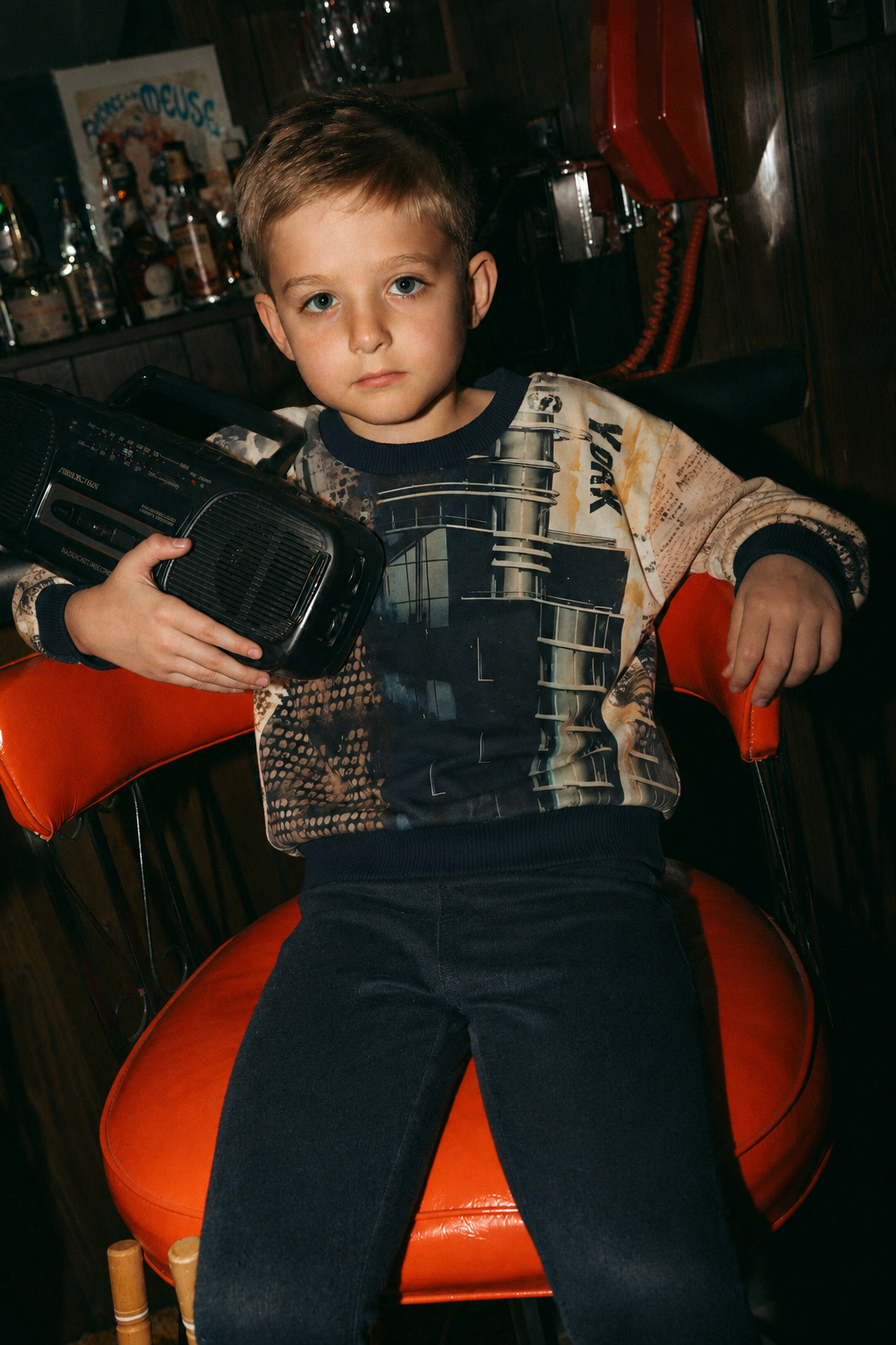 Skyscraper Sweatshirt for boys by Adee, navy with urban skyline print