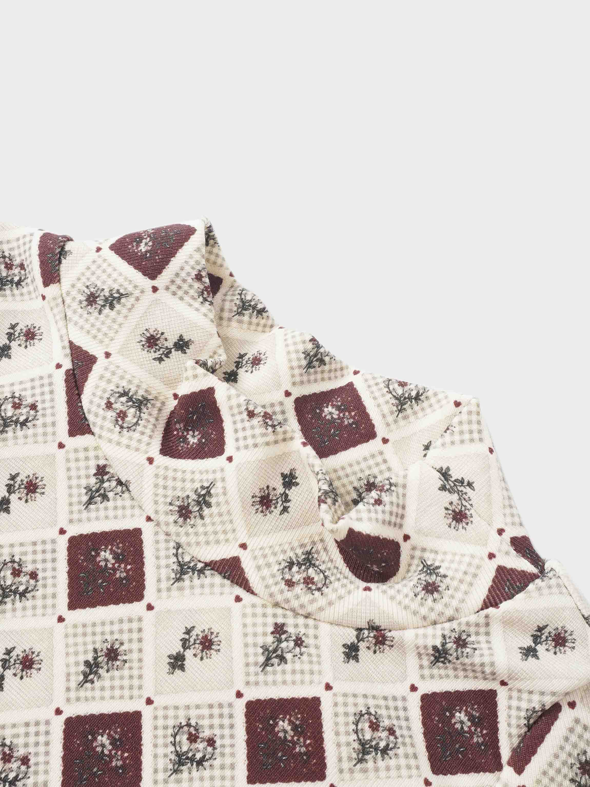 Mosaic Floral Mock Neck T-Shirt by Adee; cream fabric with burgundy diamond mosaic and small florals.