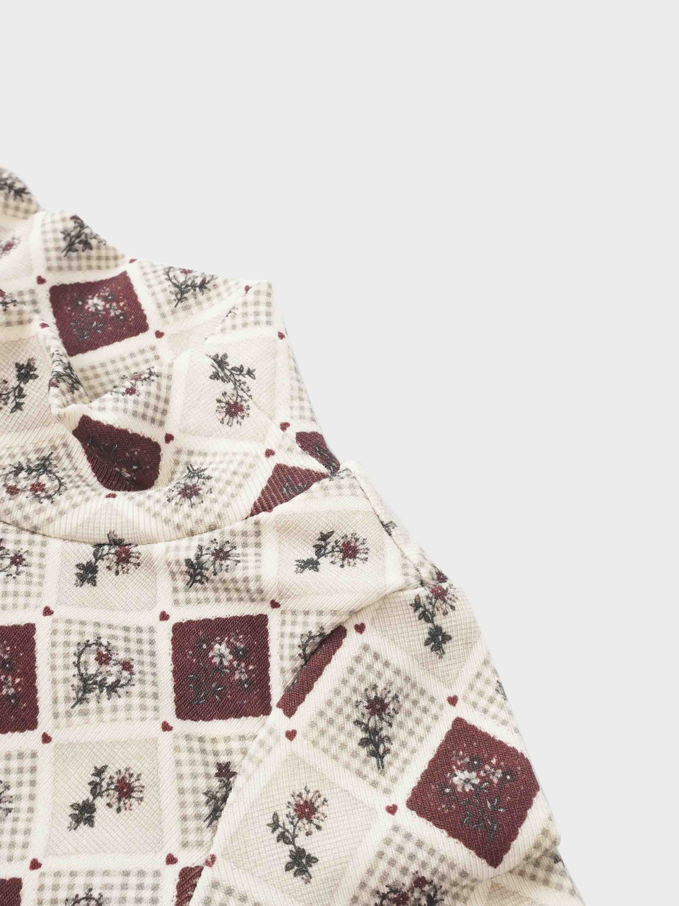Mosaic Floral Mock Neck T-Shirt by Adee; girls patchwork burgundy and cream floral top