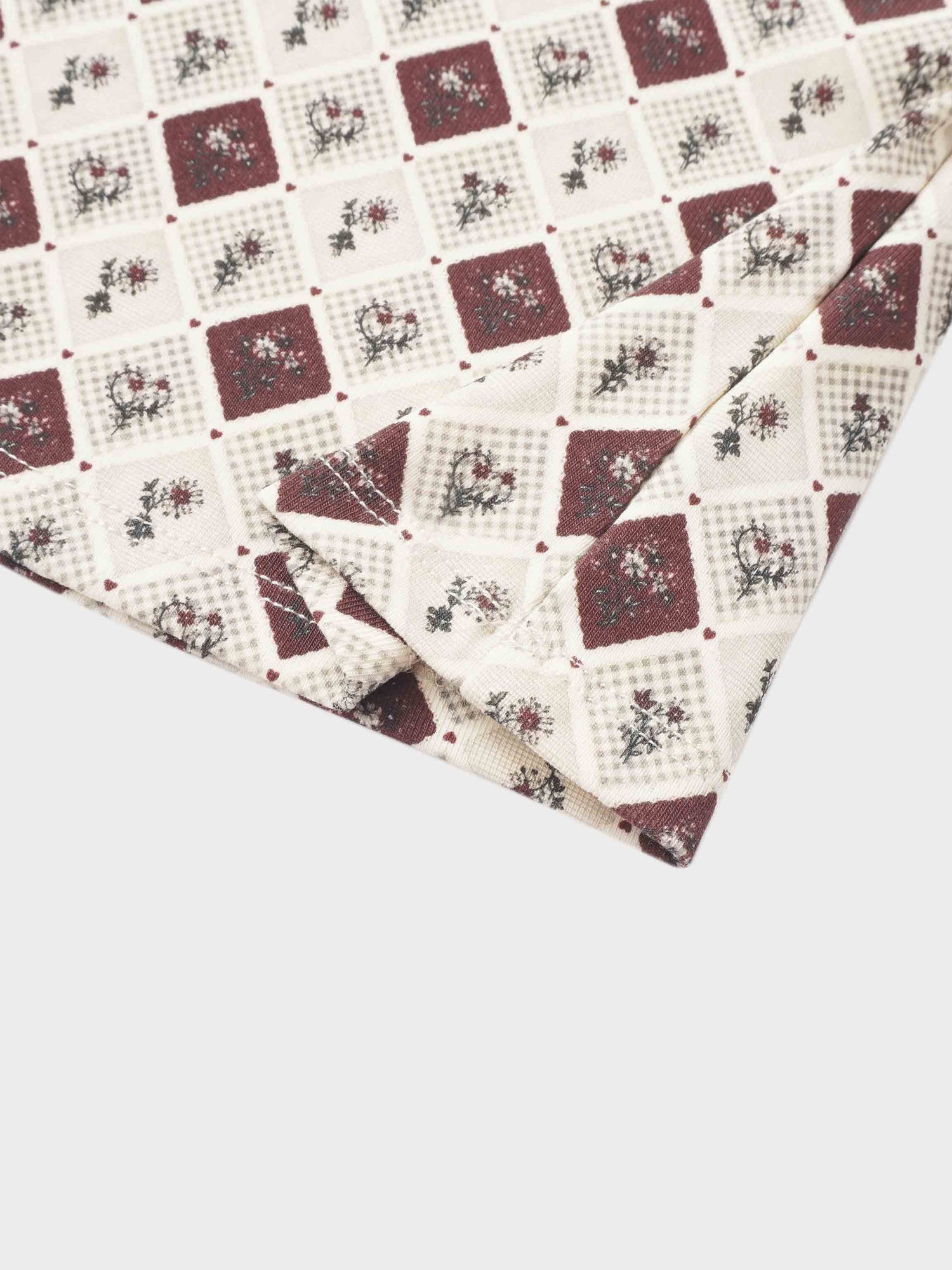 Mosaic Floral Mock Neck T-Shirt by Adee; maroon and cream square mosaic floral pattern.