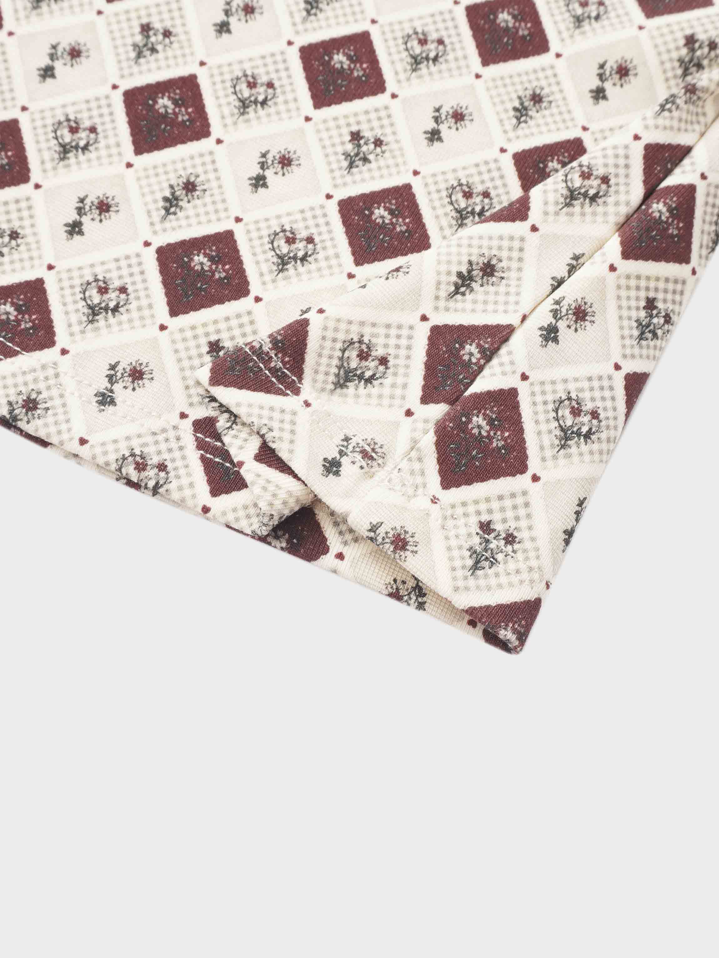 Mosaic Floral Mock Neck T-Shirt by Adee; maroon and cream square mosaic floral pattern.