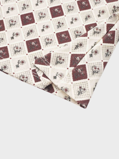 Mosaic Floral Mock Neck T-Shirt by Adee; maroon and cream square mosaic floral pattern.