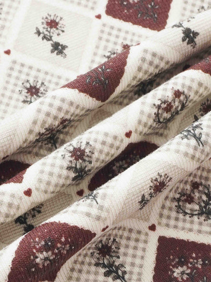 Mosaic Floral Mock Neck T-Shirt by Adee, cream fabric with burgundy floral mosaic pattern