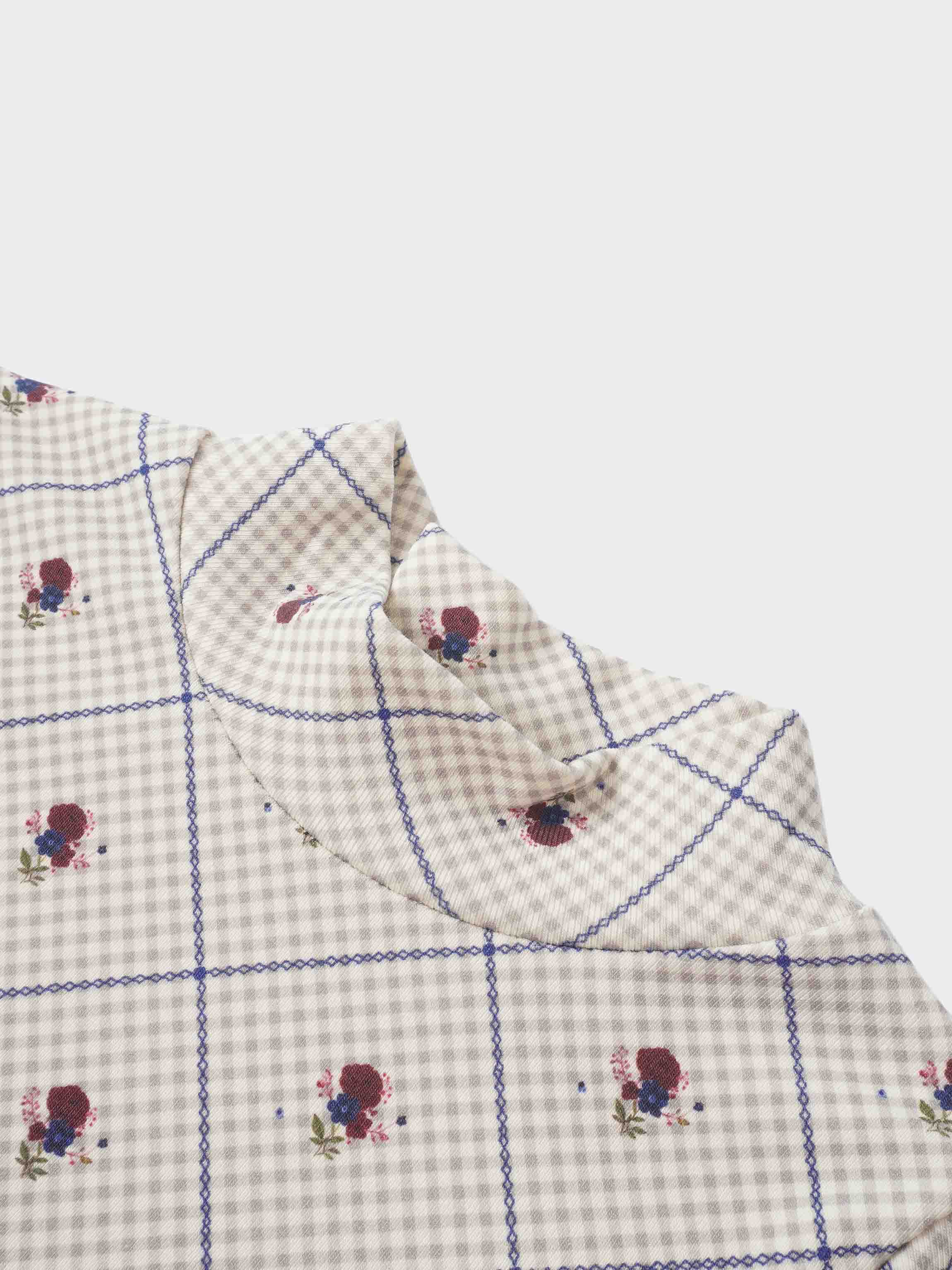 Girls Cottage Rose Mock Neck T‑Shirt by Adee; cream gingham fabric with blue grid lines and small rose prints