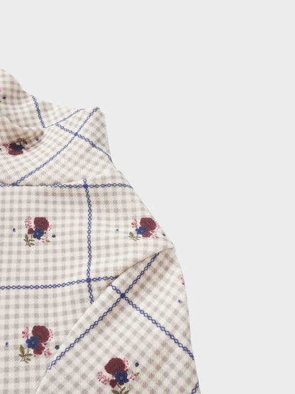 Cottage Rose Mock Neck T-Shirt for girls by Adee; beige checkered fabric with purple stitching and floral prints