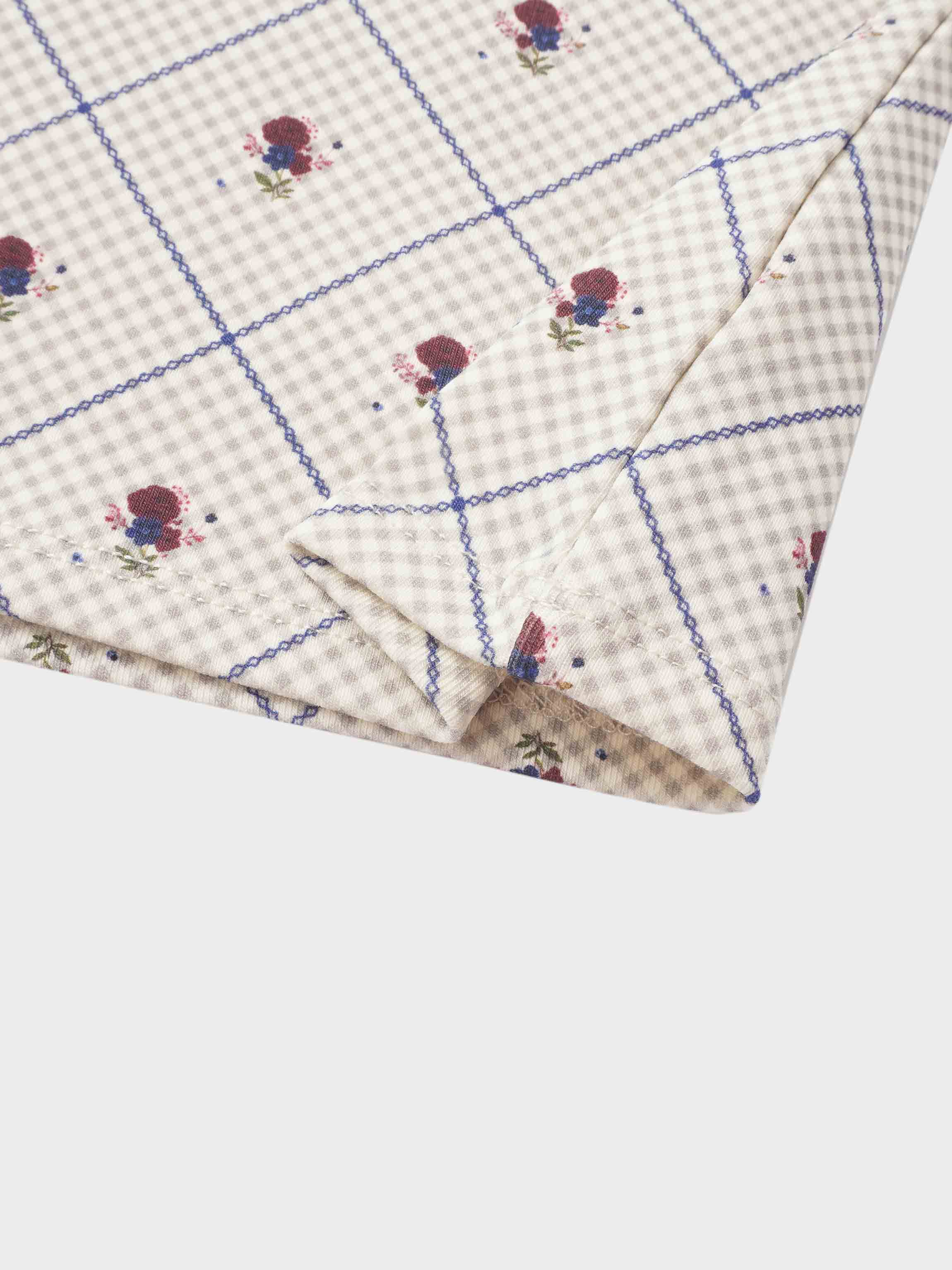 Cottage Rose Mock Neck T-Shirt for girls; beige check fabric with blue grid lines and tiny rose prints