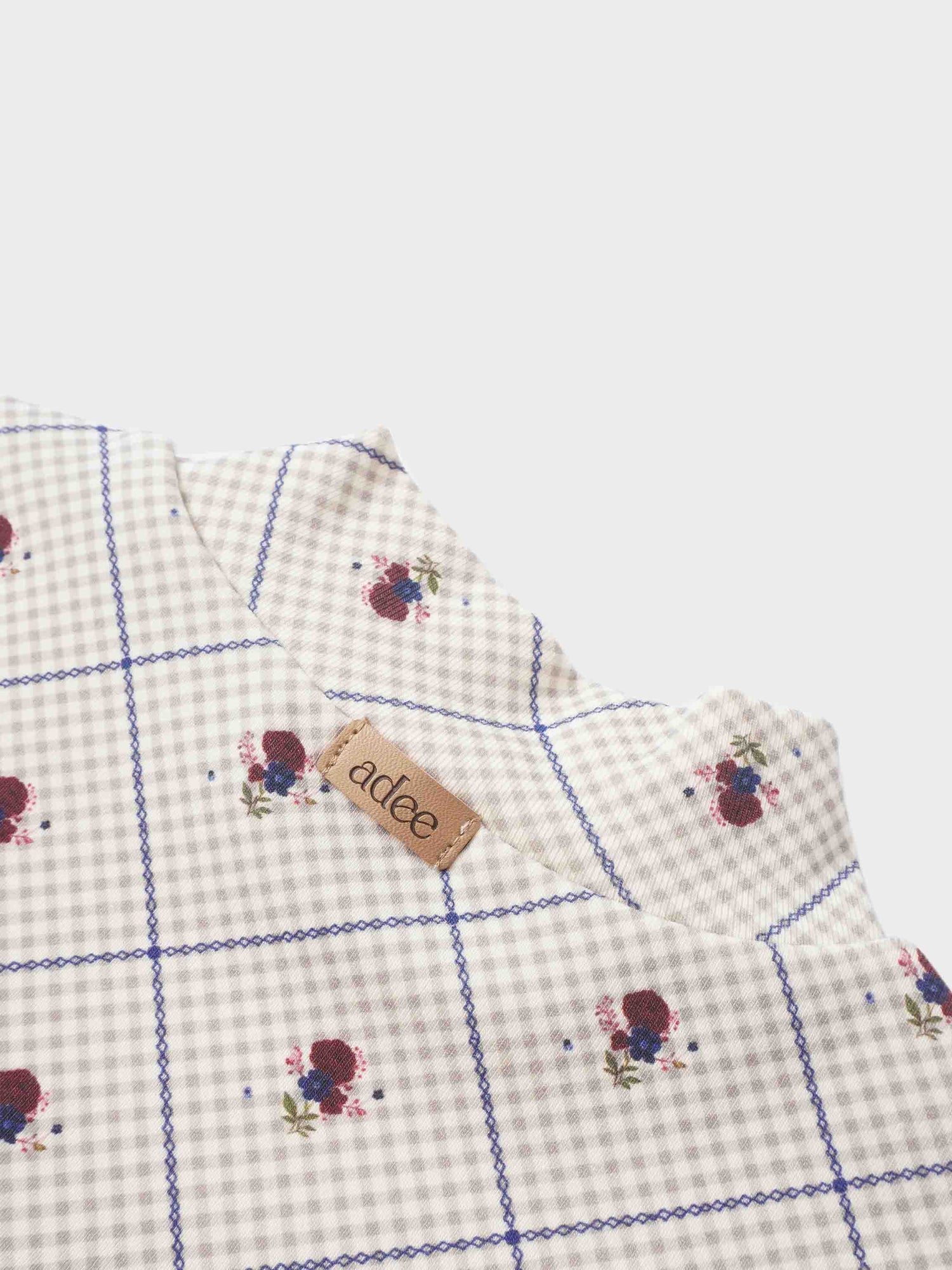 Cottage Rose Mock Neck T-shirt; Adee girls top in light plaid with blue grid and floral prints.