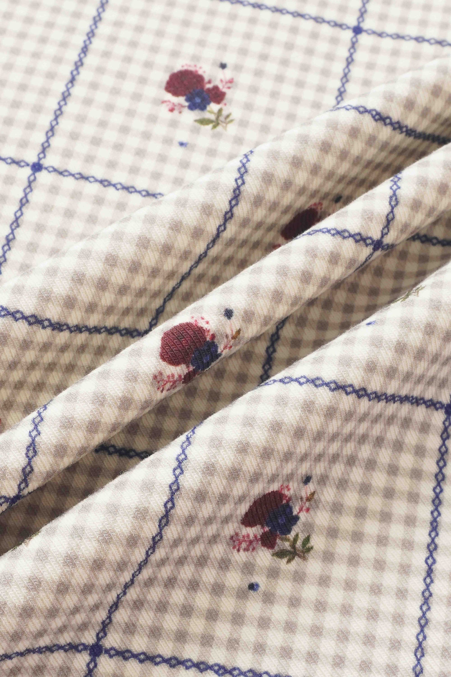 Cottage Rose Mock Neck T-Shirt for girls, beige gingham knit with blue lattice lines and tiny floral embroidery
