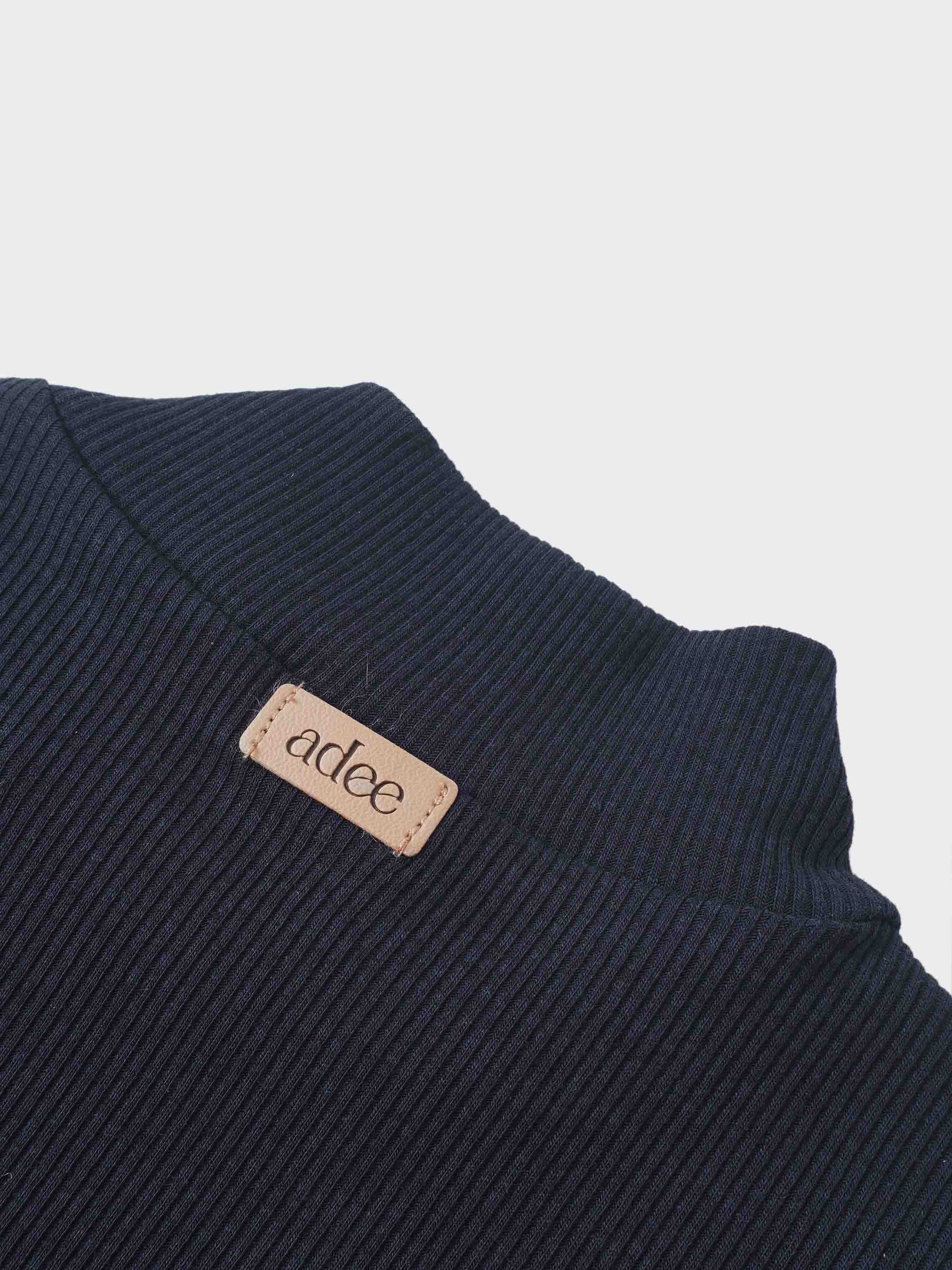 Ribbed mock-neck navy bodysuit by Adee; unisex dressy top with visible tag