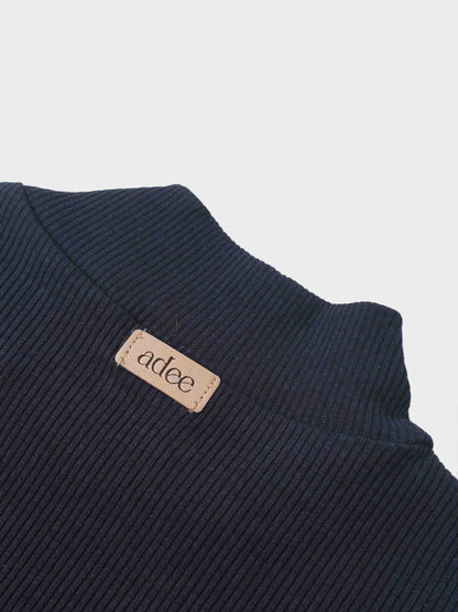 Ribbed mock-neck navy bodysuit by Adee; unisex dressy top with visible tag