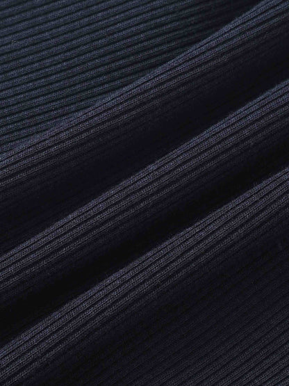 Adee ribbed navy mock-neck bodysuit fabric close-up; unisex dressy top