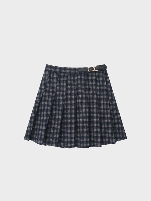 Plaid pleated navy skirt for girls by Adee with a slim black belt detail