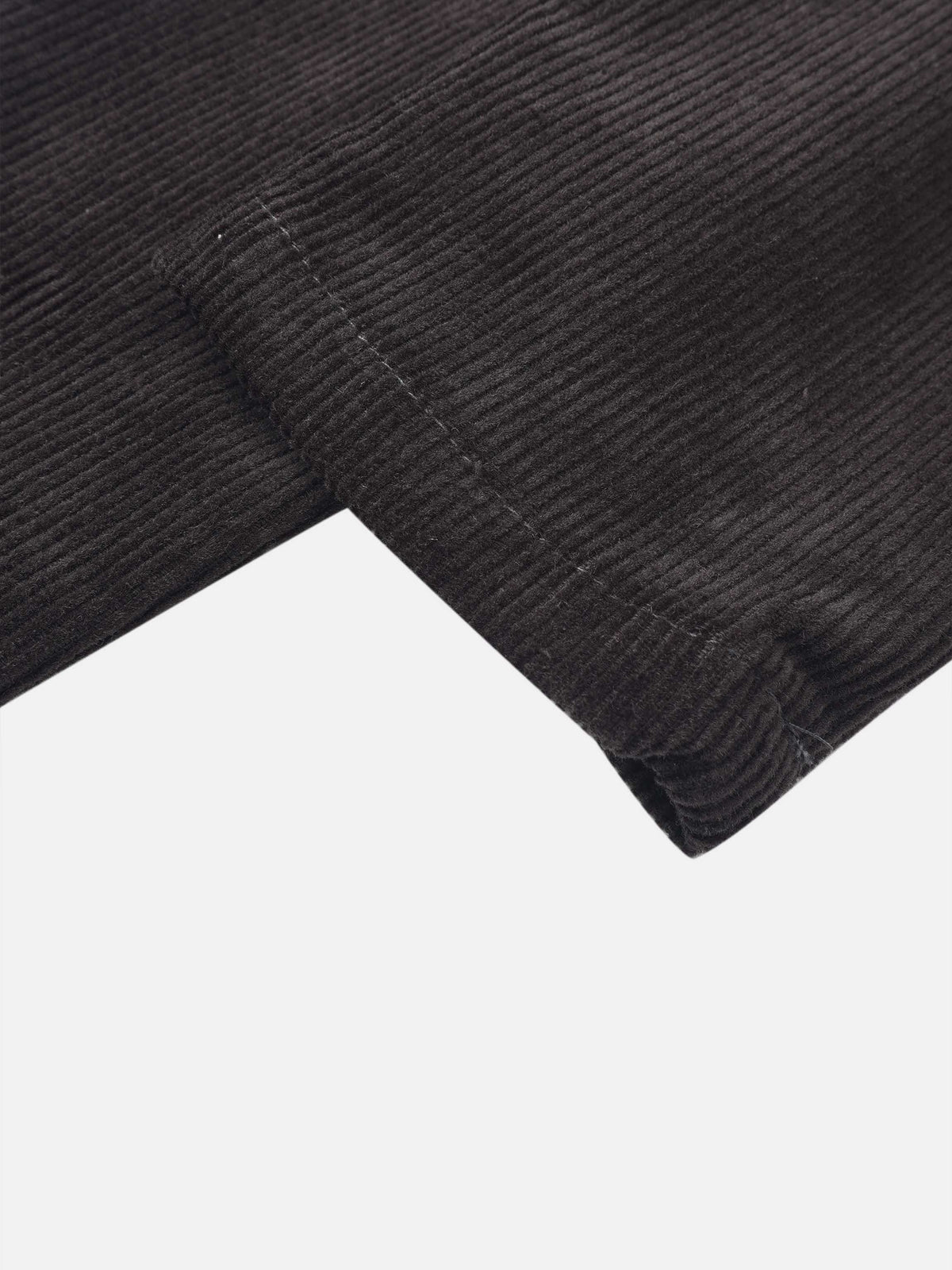 Grey corduroy boys overalls by Adee, close-up of fabric and seam