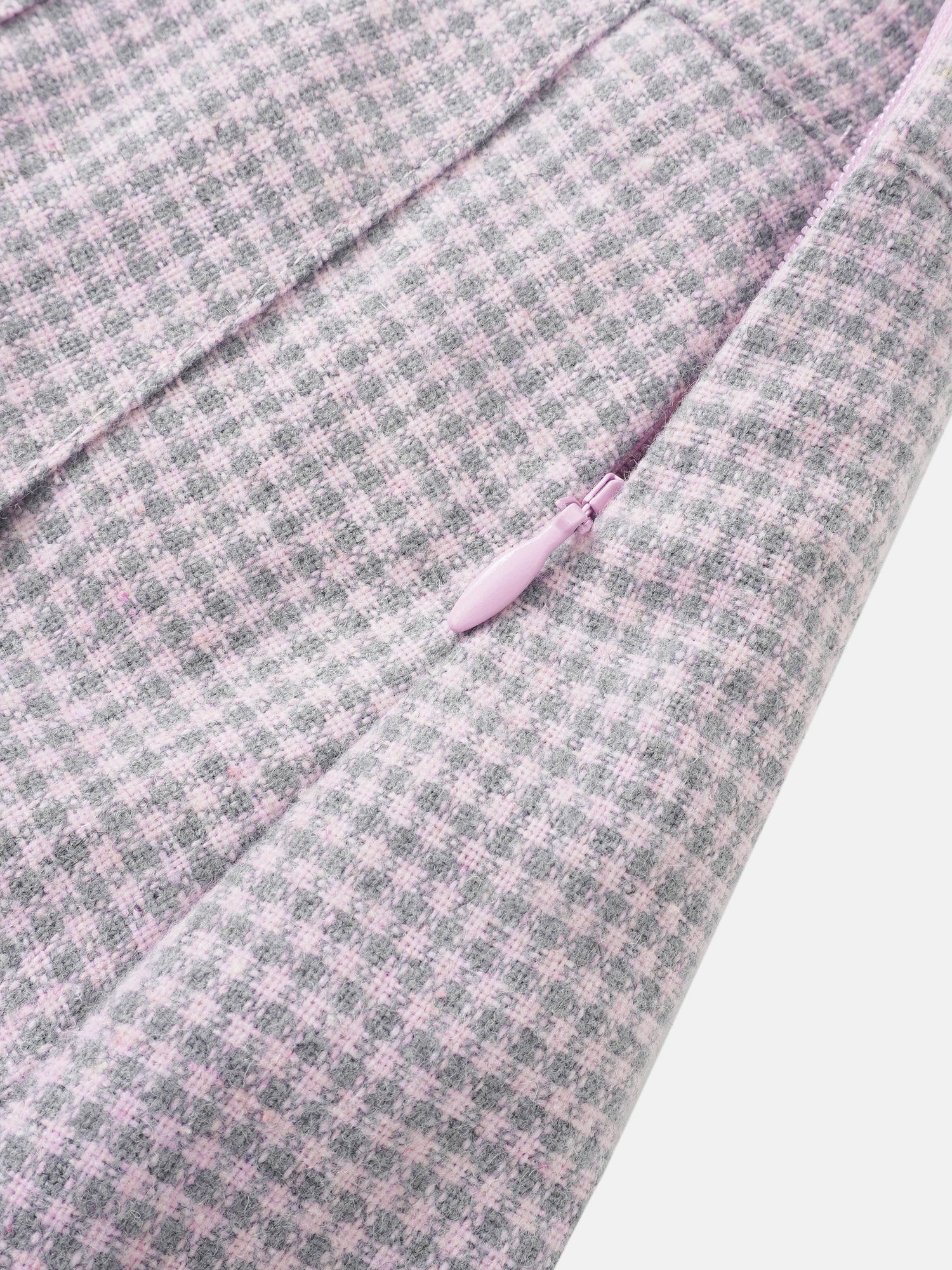 Gingham pleated skirt, grey with pink checks; pink zipper detail