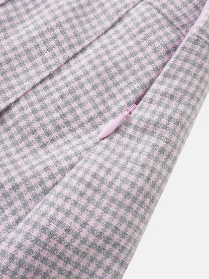 Gingham pleated skirt, grey with pink checks; pink zipper detail