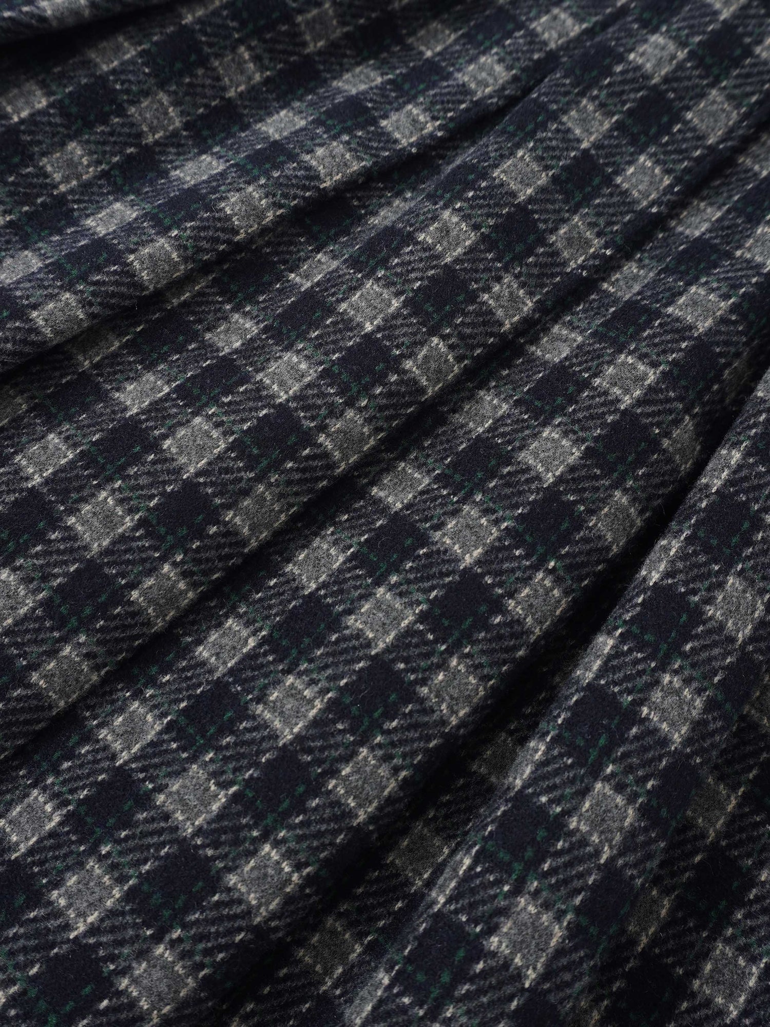 Plaid pleated skirt fabric in navy with grey and green checks, dressy girls style