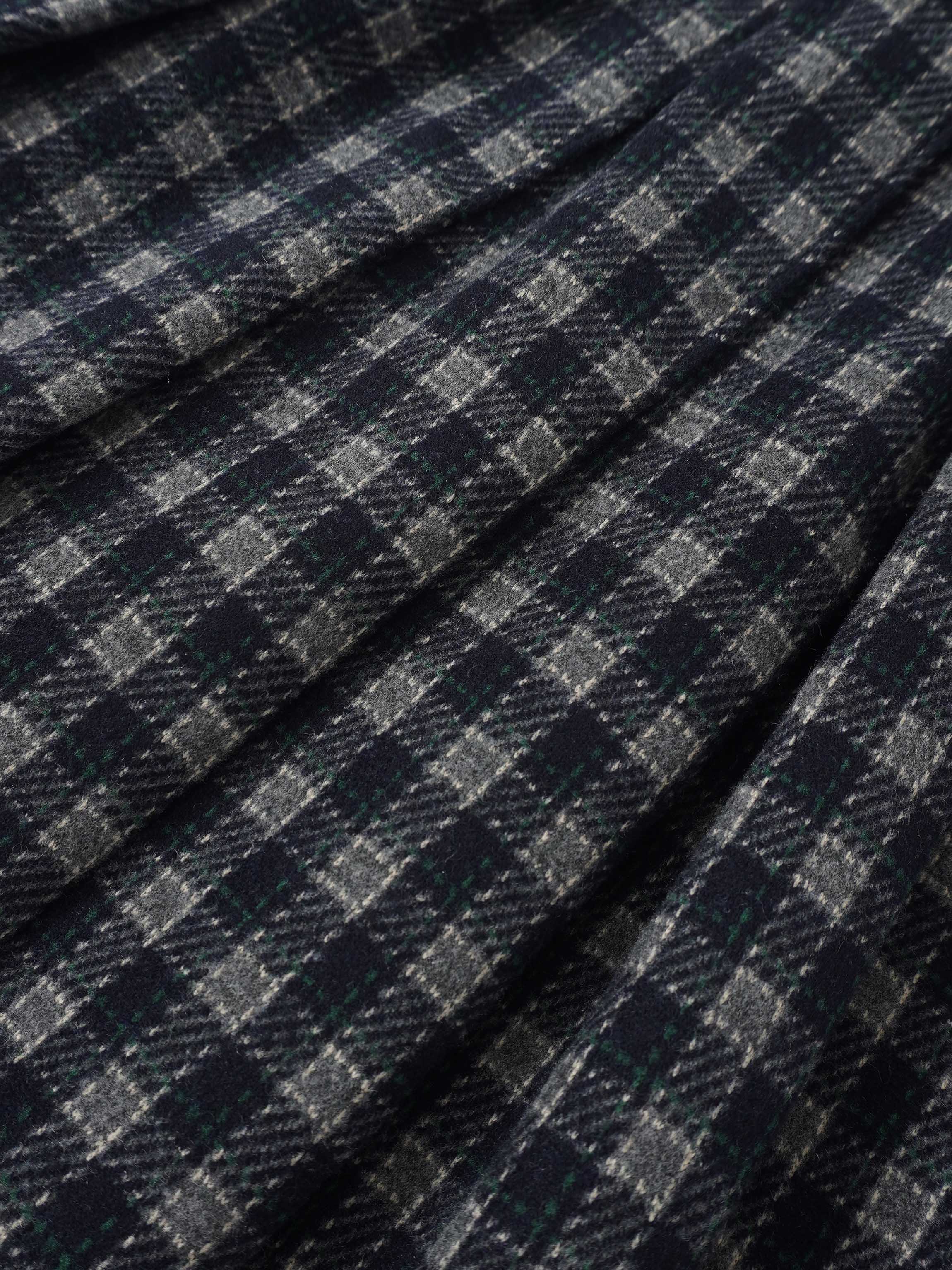 Plaid pleated skirt fabric in navy with grey and green checks, dressy girls style