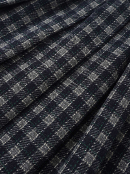 Plaid pleated skirt fabric in navy with grey and green checks, dressy girls style