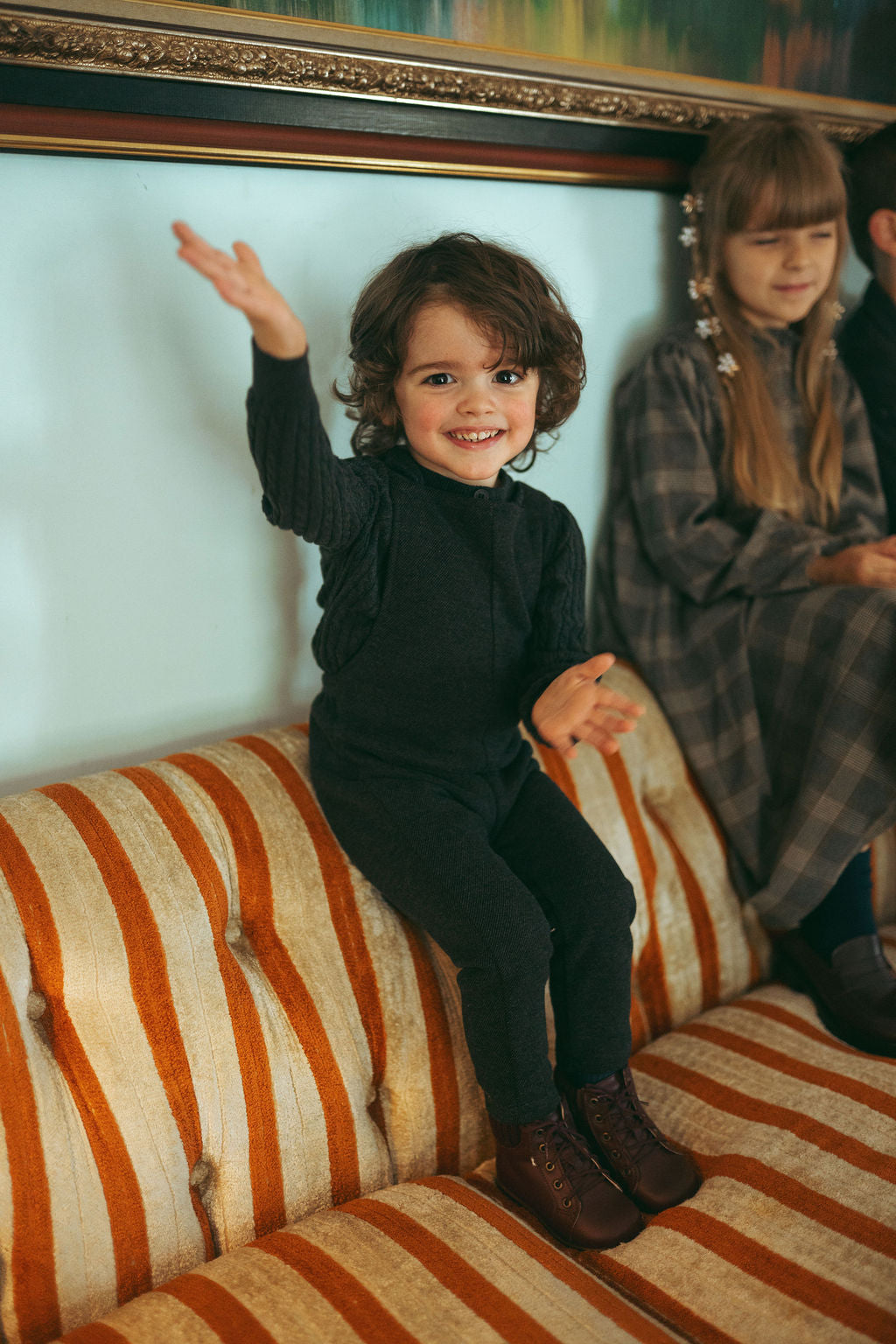 Textured twill overalls for boys in grey; dressy apparel.