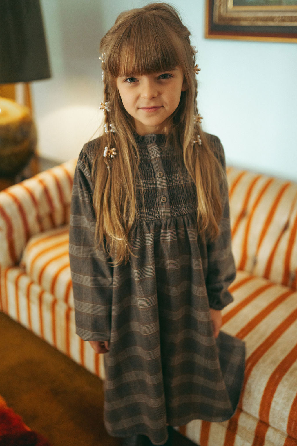 Plaid Dress - Grey by Adee; girls dressy long-sleeve gray plaid dress