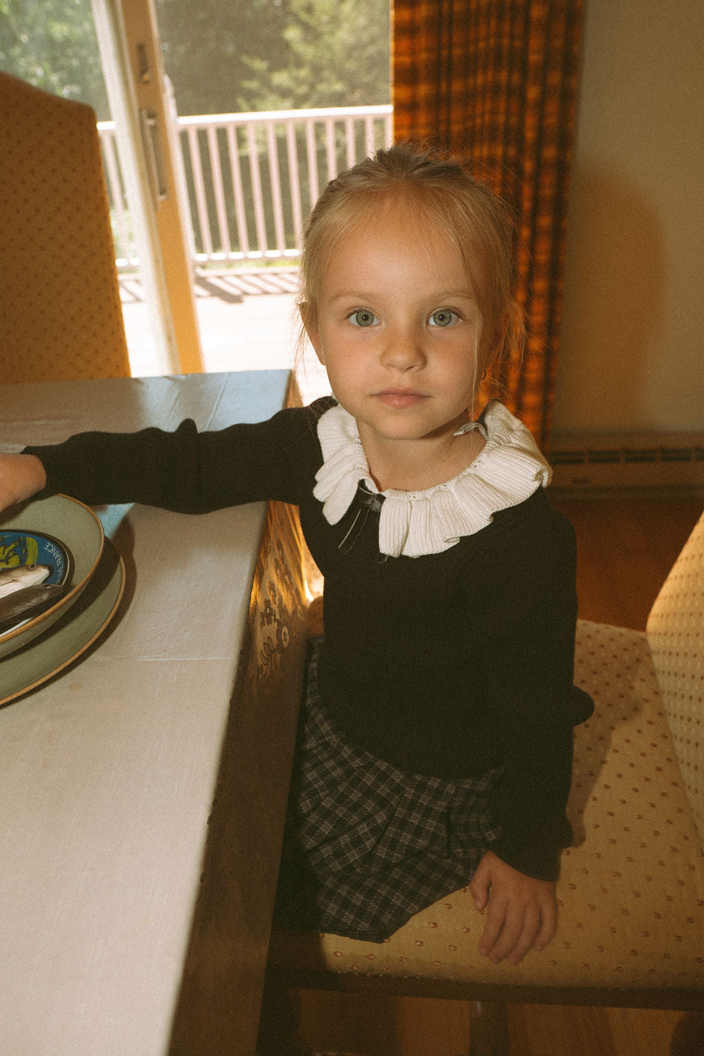 Ruffle Collar Knit Sweater - Navy by Adee; girls dressy top with white collar.