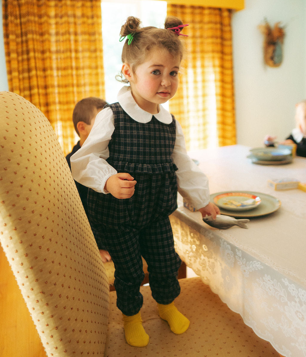 Plaid Overalls with Ruffles for girls by Adee, navy plaid dressy apparel
